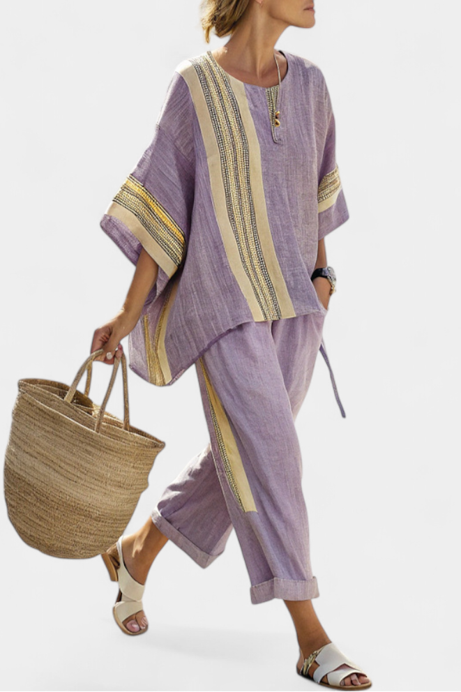 Set of linen bamboo with enchanting lavender and yellow striped details