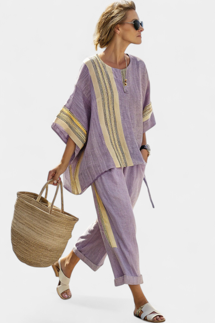 Set of linen bamboo with enchanting lavender and yellow striped details