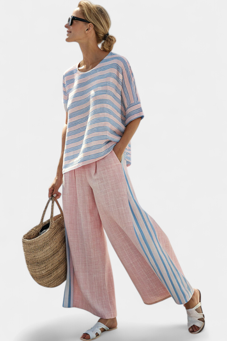 Set of Lined Bamboo Daisy Mediterranean in Soft Pink with Elegant Blue Stripes