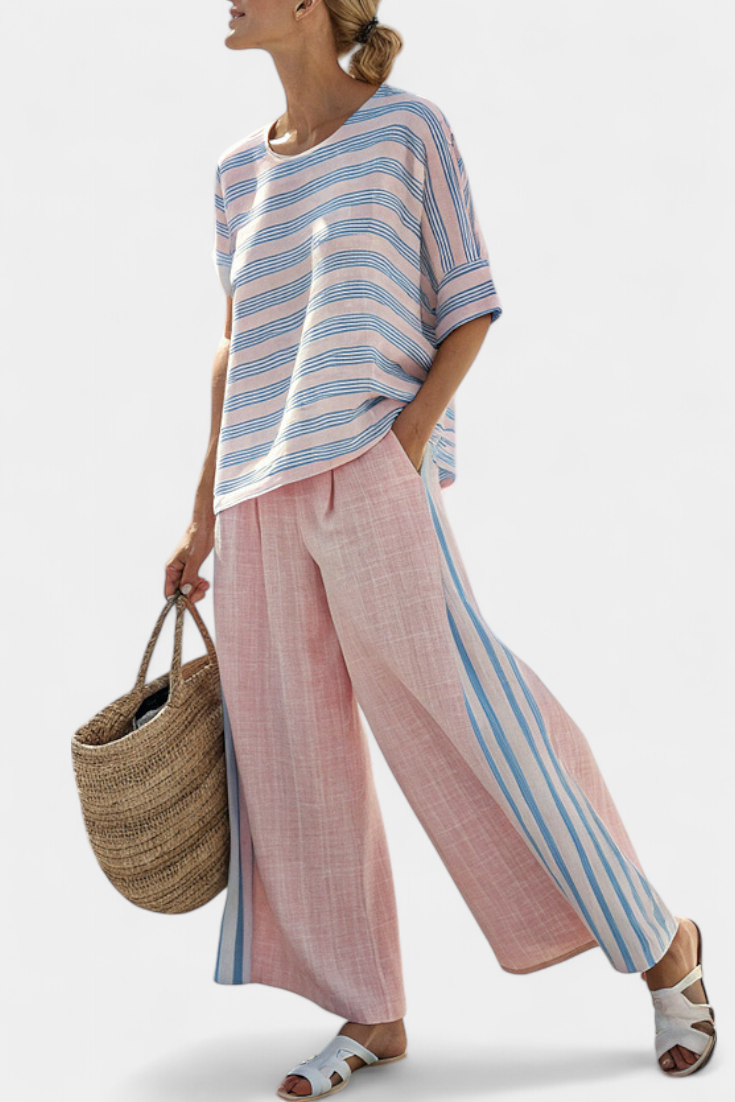 Set of Lined Bamboo Daisy Mediterranean in Soft Pink with Elegant Blue Stripes