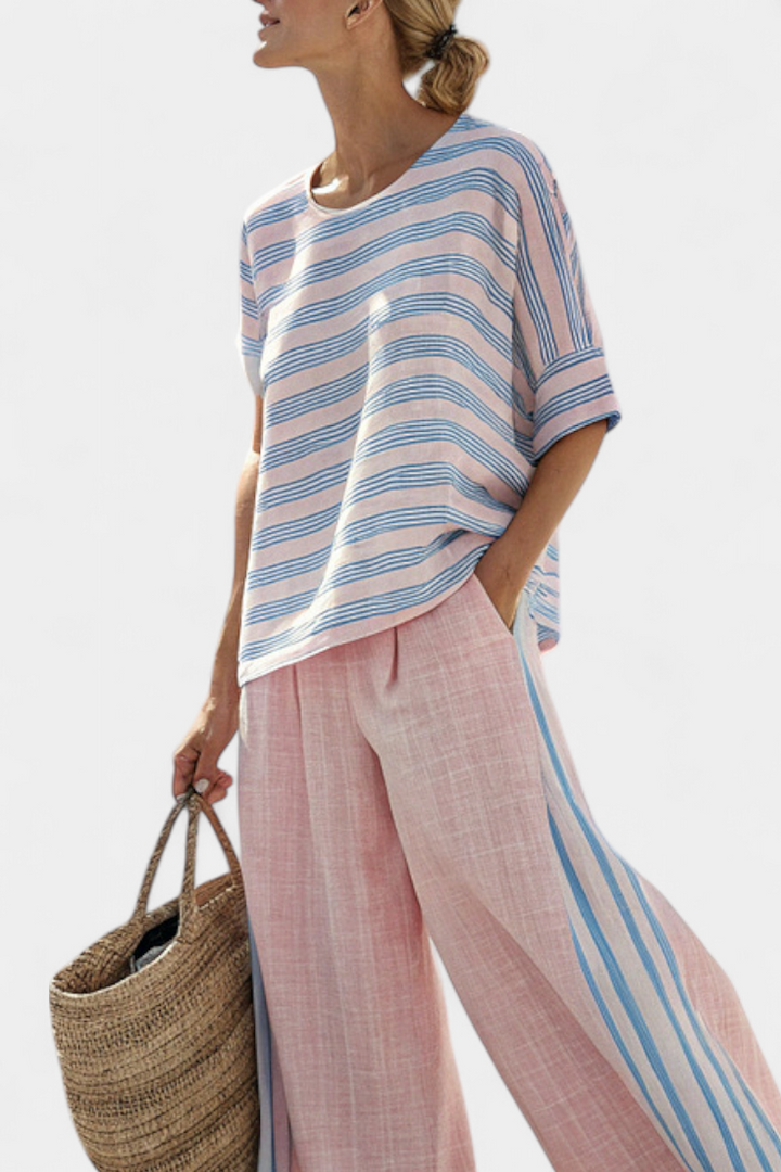 Set of Lined Bamboo Daisy Mediterranean in Soft Pink with Elegant Blue Stripes