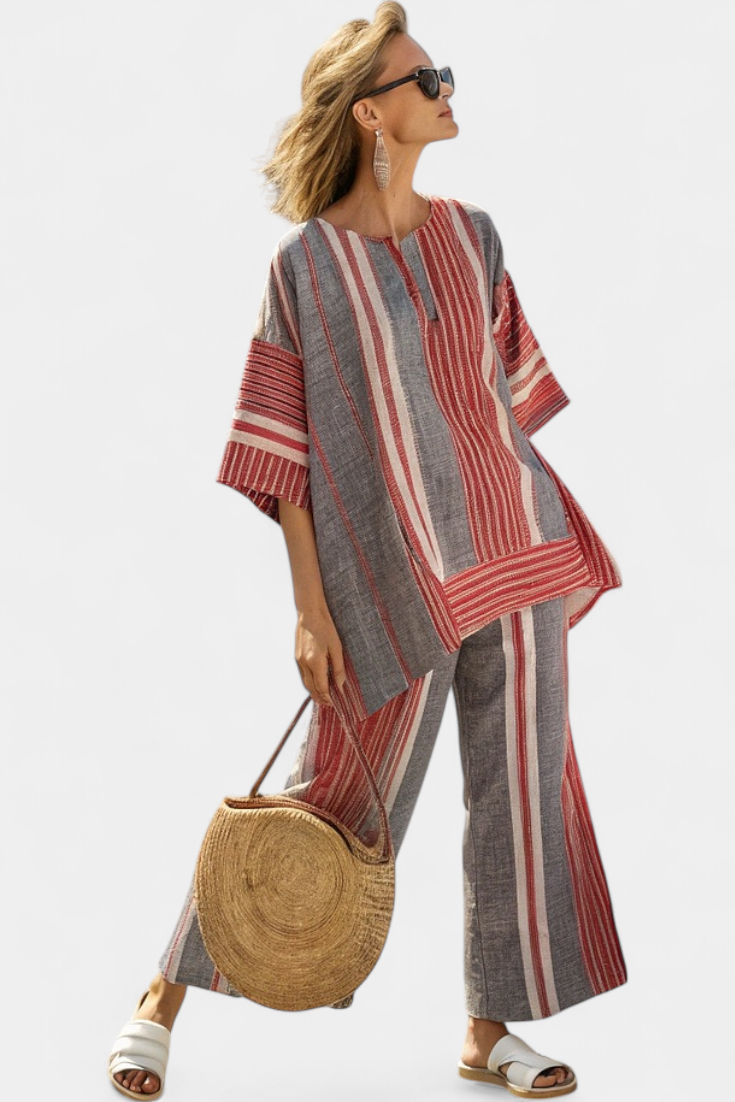 Oversized Daisy Overall in Linen with Red Corals and Gray Stripes, Modern and Comfortable Style