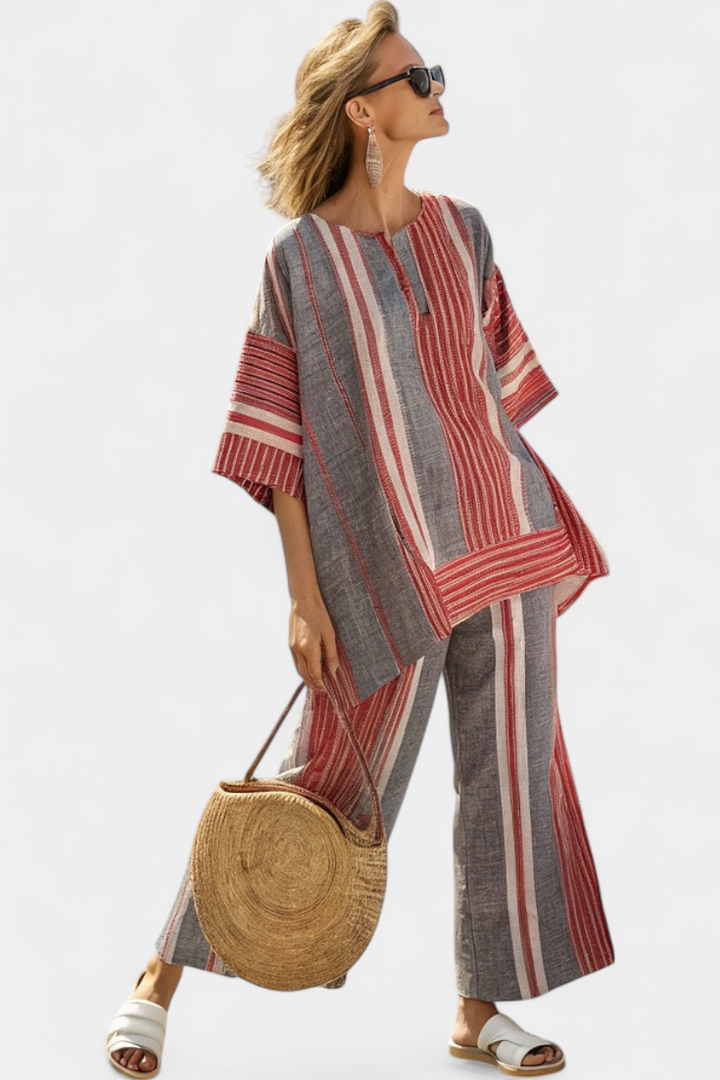 Oversized Daisy Overall in Linen with Red Corals and Gray Stripes, Modern and Comfortable Style