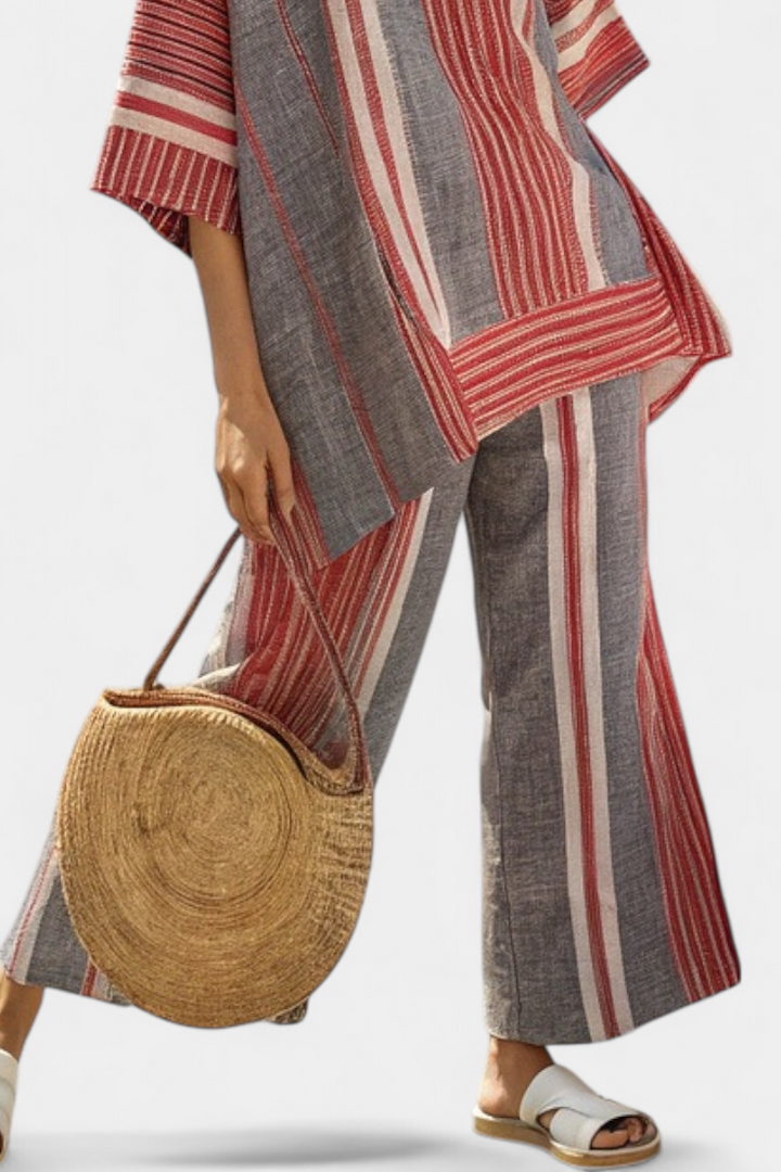 Oversized Daisy Overall in Linen with Red Corals and Gray Stripes, Modern and Comfortable Style