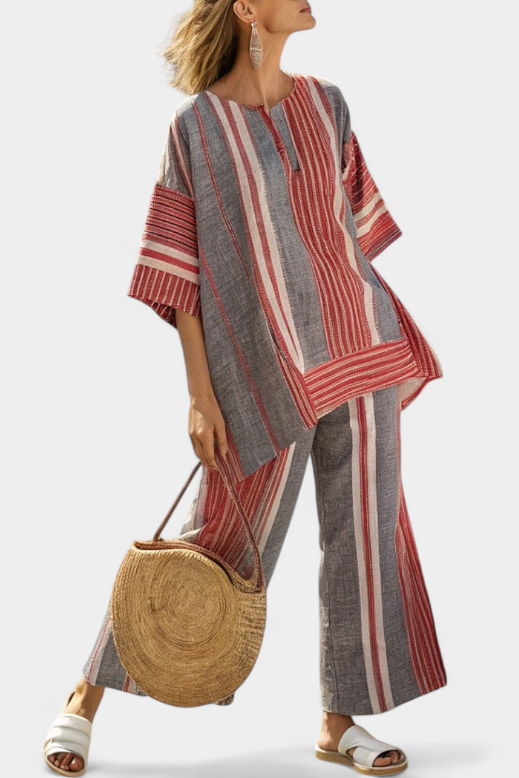 Oversized Daisy Overall in Linen with Red Corals and Gray Stripes, Modern and Comfortable Style