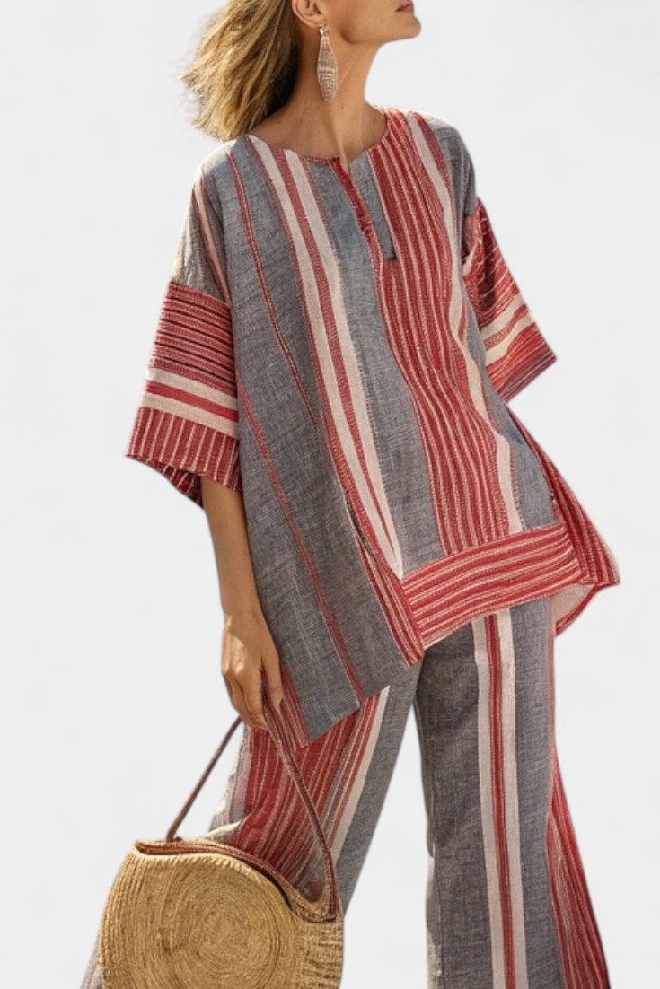 Oversized Daisy Overall in Linen with Red Corals and Gray Stripes, Modern and Comfortable Style
