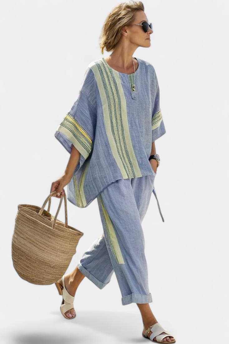 Set of linen bamboo with enchanting lavender and yellow striped details