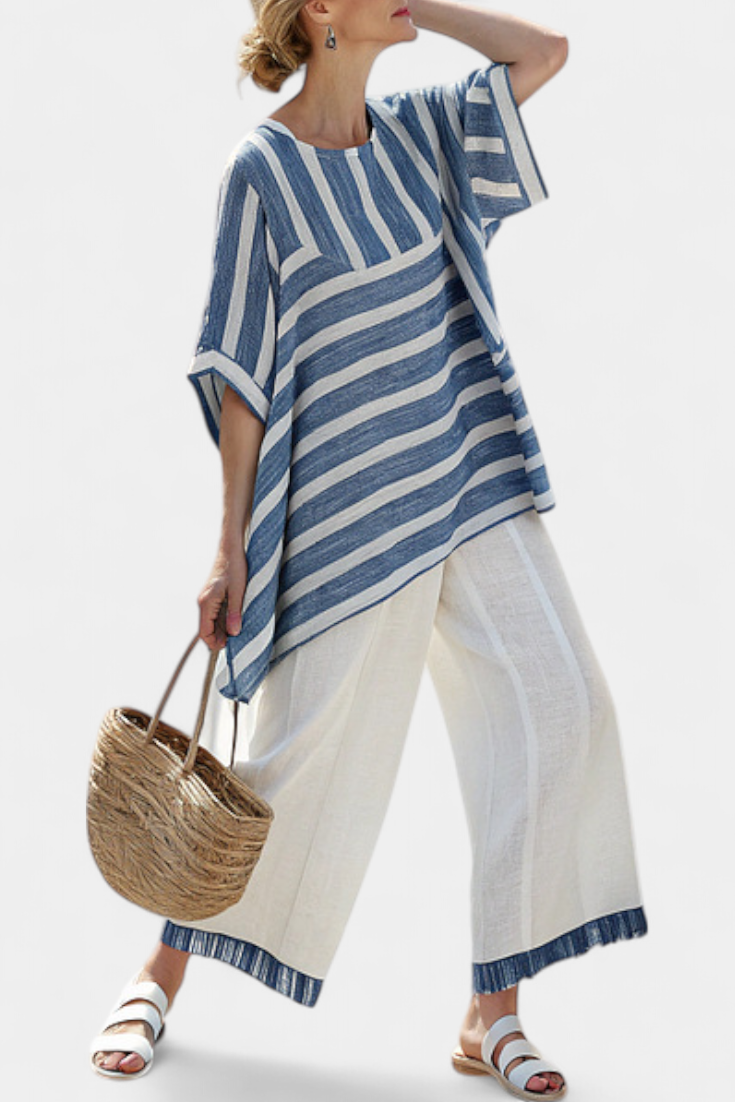 Elegant Mediterranean Set in Linen with Blue Stripes and Pants with Finish for a Fresh and Elegant Look