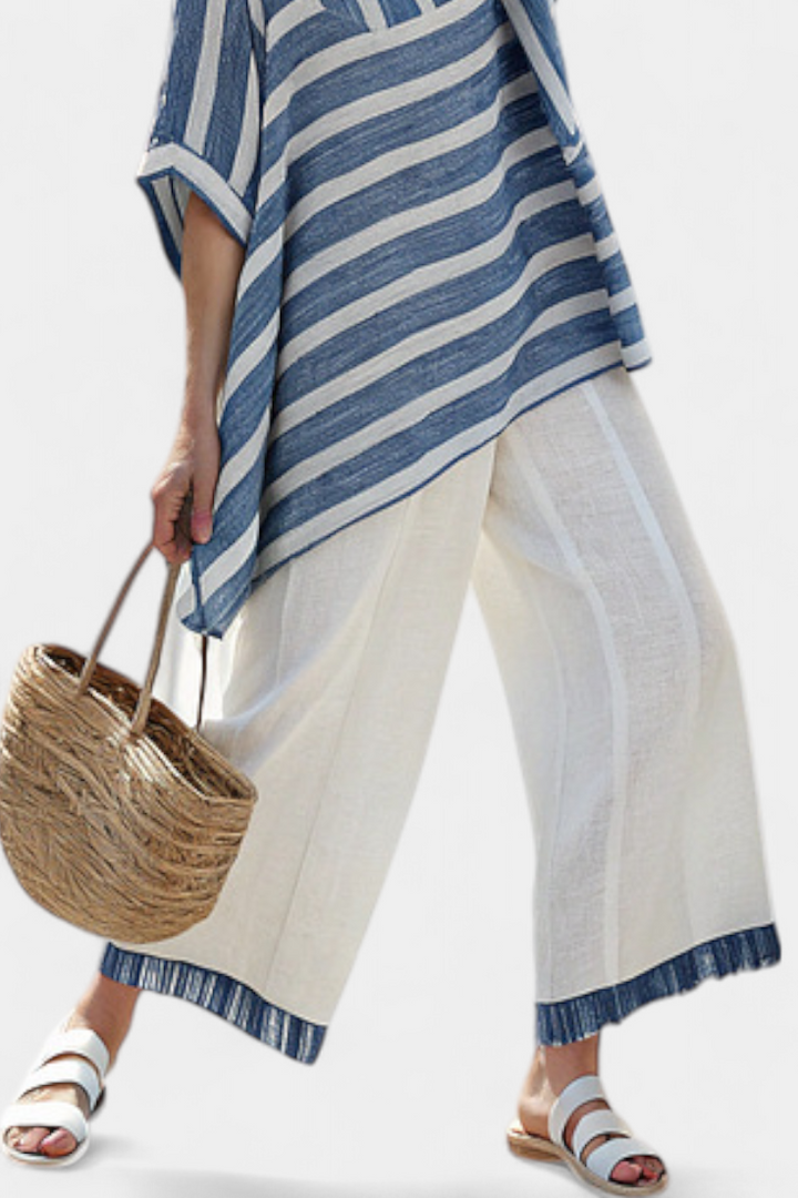 Elegant Mediterranean Set in Linen with Blue Stripes and Pants with Finish for a Fresh and Elegant Look