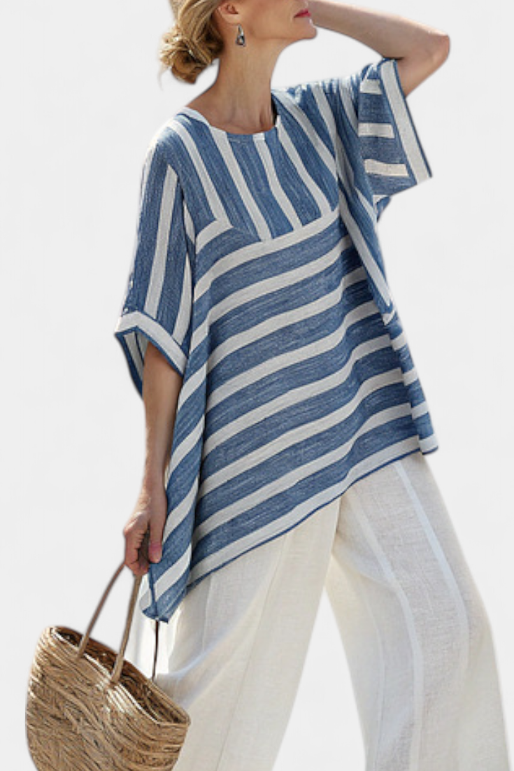 Elegant Mediterranean Set in Linen with Blue Stripes and Pants with Finish for a Fresh and Elegant Look