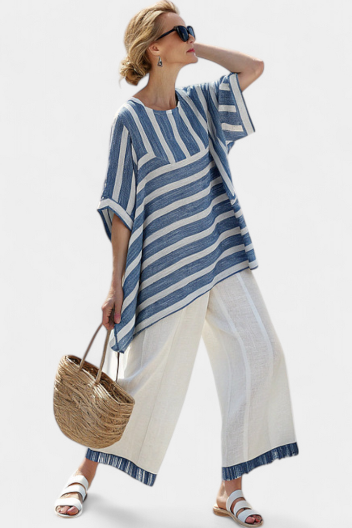Elegant Mediterranean Set in Linen with Blue Stripes and Pants with Finish for a Fresh and Elegant Look