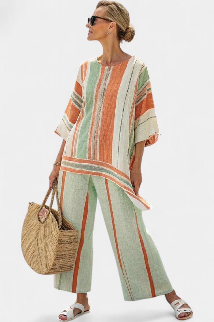 Elegant Linen Bamboo Set with Stripes and Asymmetrical Blouse, along with Wide Pants for a Refined Style