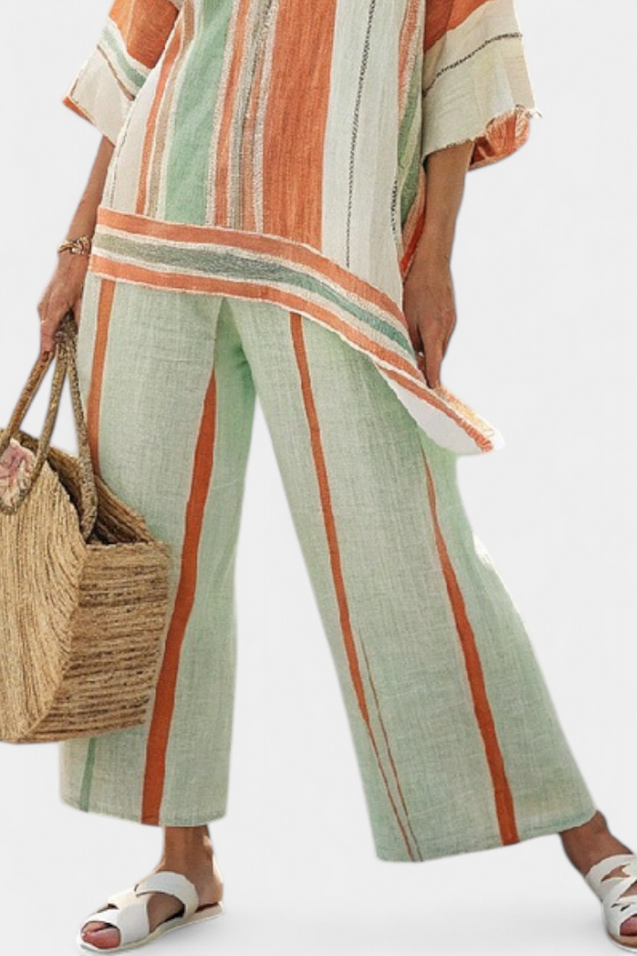 Elegant Linen Bamboo Set with Stripes and Asymmetrical Blouse, along with Wide Pants for a Refined Style