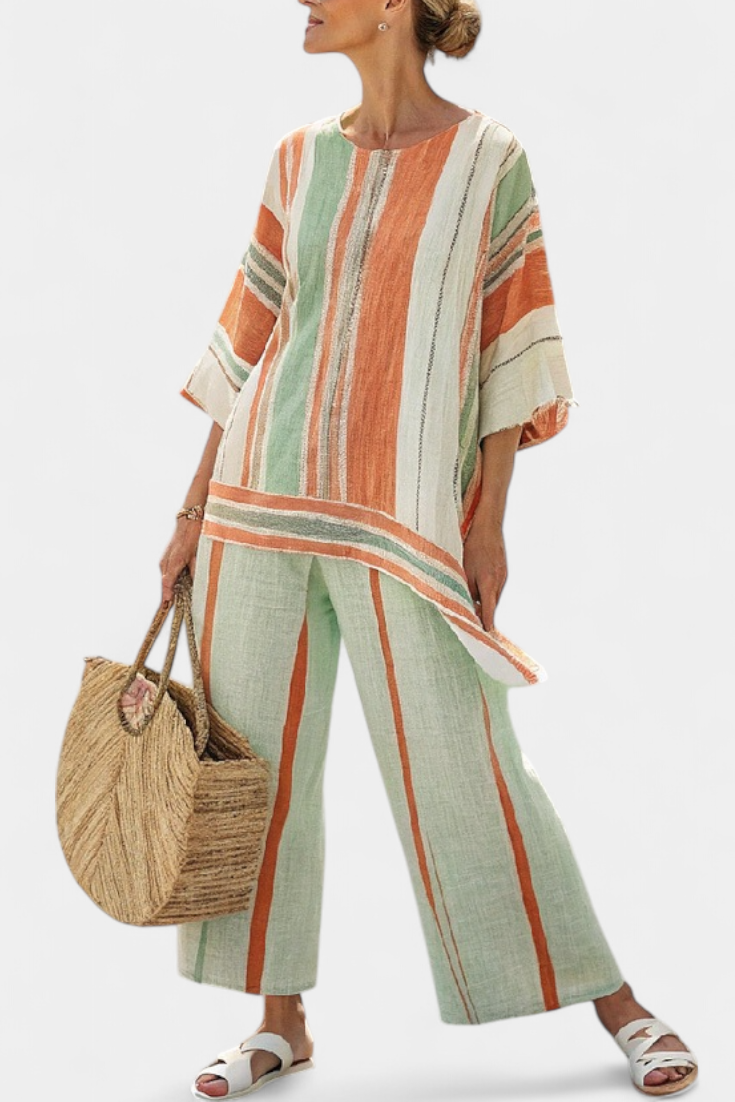 Elegant Linen Bamboo Set with Stripes and Asymmetrical Blouse, along with Wide Pants for a Refined Style