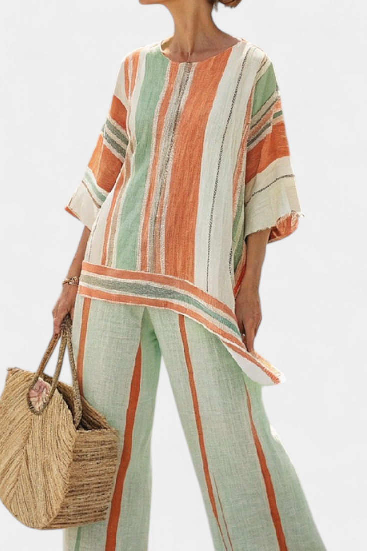 Elegant Linen Bamboo Set with Stripes and Asymmetrical Blouse, along with Wide Pants for a Refined Style