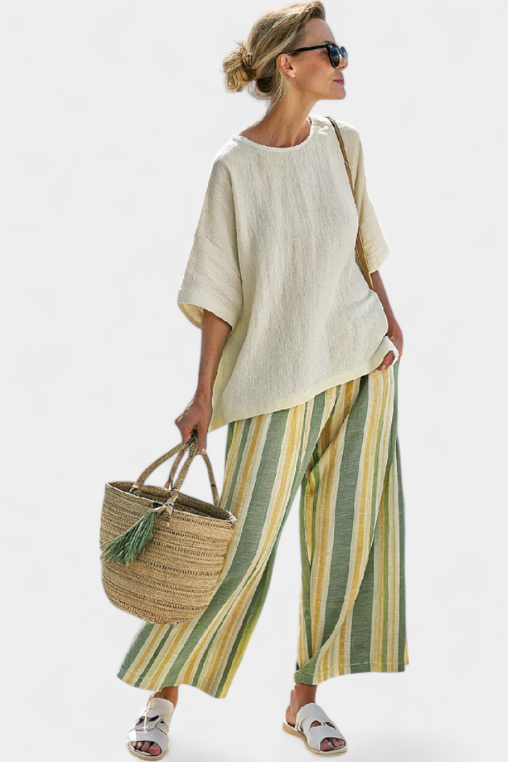 Daisy Set in Bamboo Linen Mediterranean Style with Olive Green Stripes for a Refreshing and Elegant Look