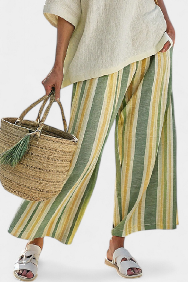 Daisy Set in Bamboo Linen Mediterranean Style with Olive Green Stripes for a Refreshing and Elegant Look