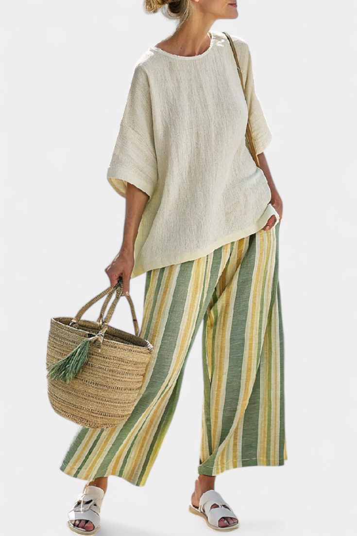 Daisy Set in Bamboo Linen Mediterranean Style with Olive Green Stripes for a Refreshing and Elegant Look