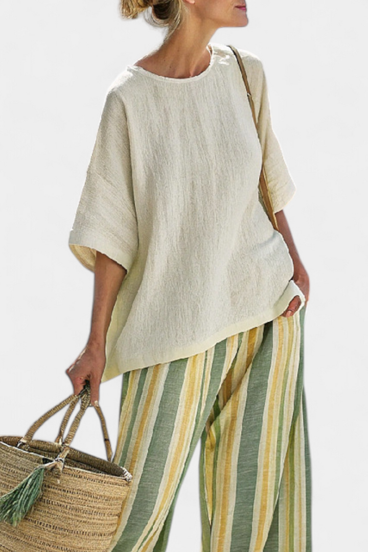 Daisy Set in Bamboo Linen Mediterranean Style with Olive Green Stripes for a Refreshing and Elegant Look