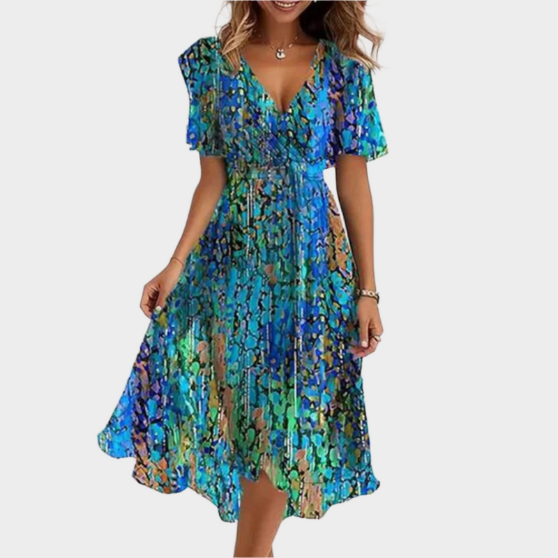 Retro Patterned Dress with Crossed Detailing