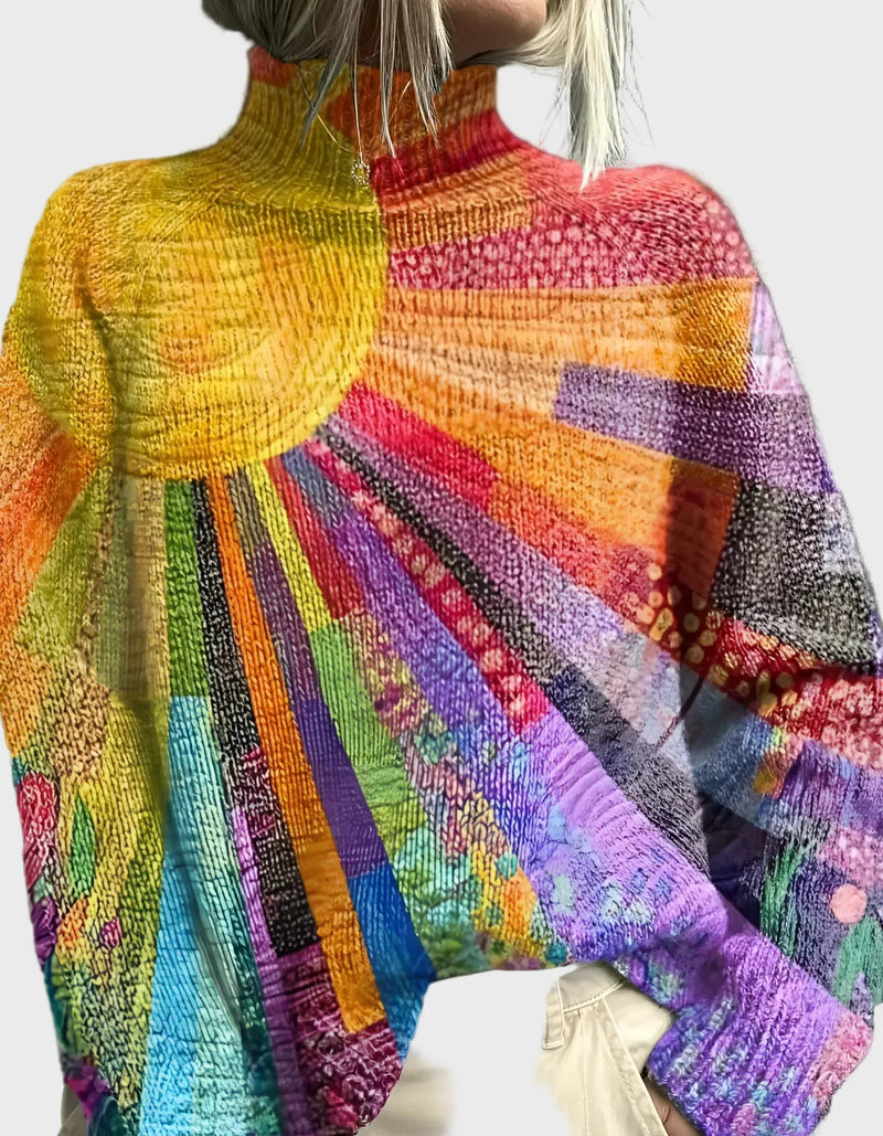 High Neck Sweater with Vibrant Pattern