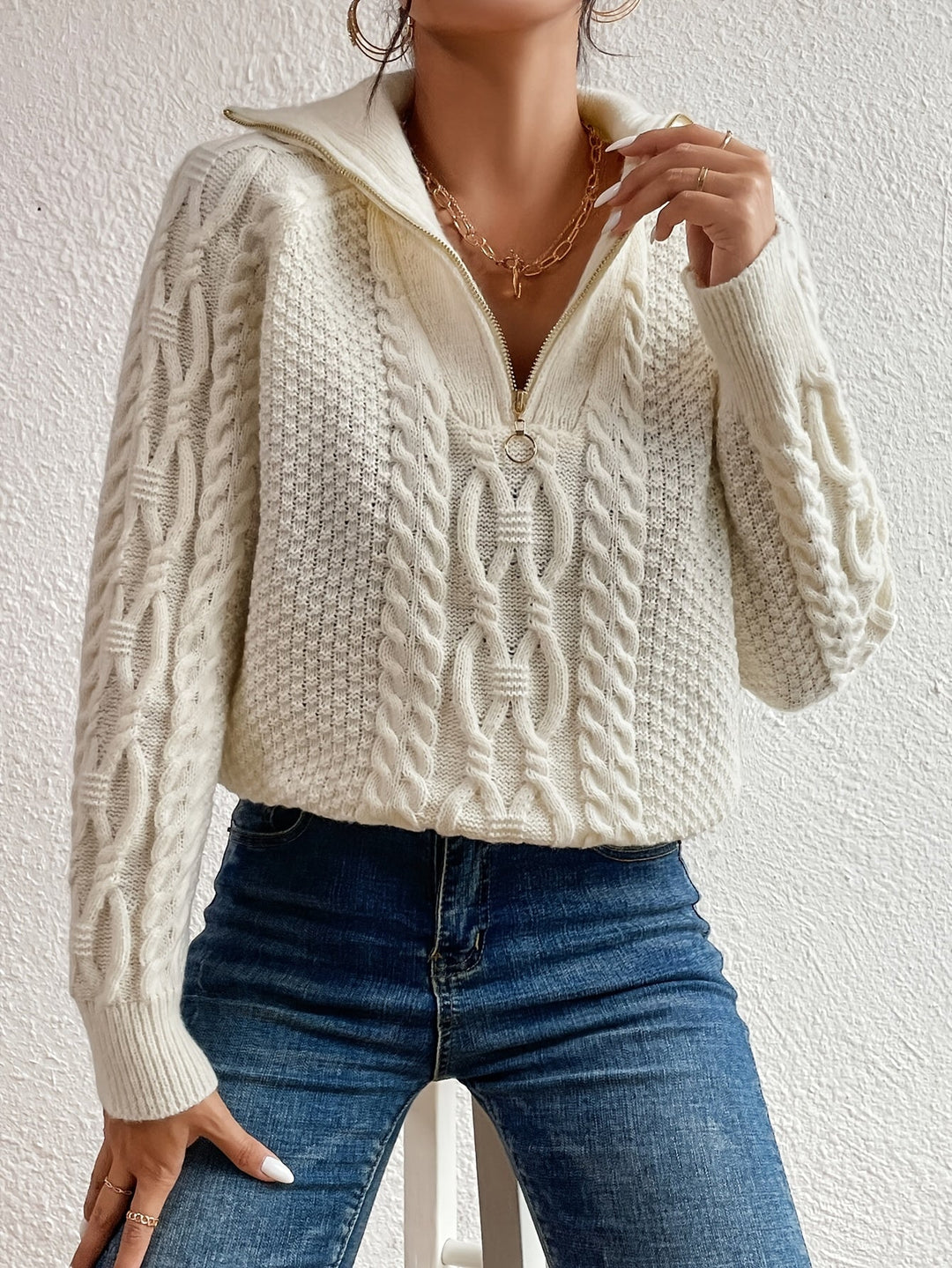 Harlow – Cable Knit Sweater with Zip Collar