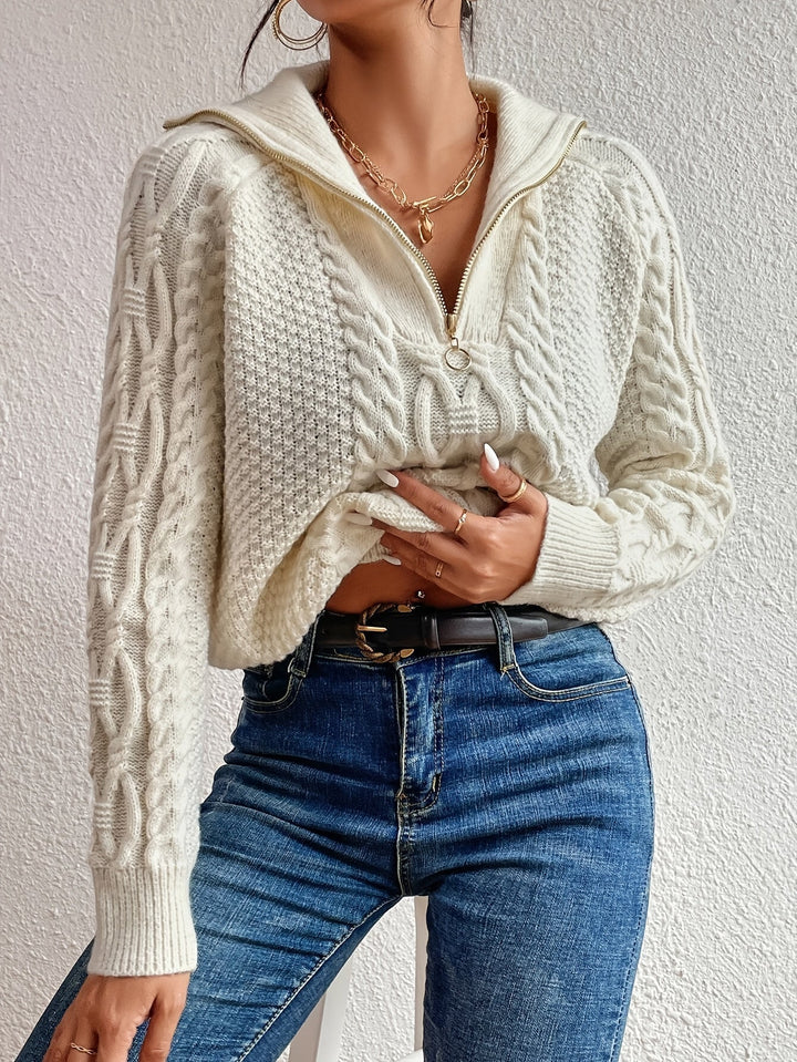 Harlow – Cable Knit Sweater with Zip Collar