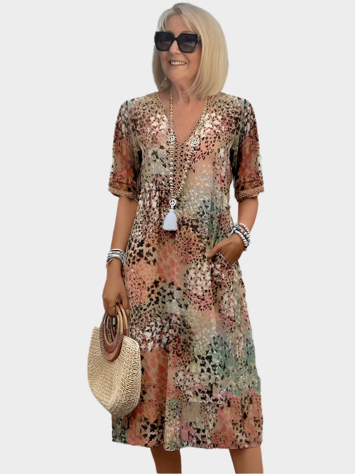 Airy Dress with Summer Print and V-Neck