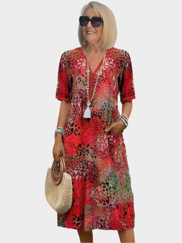 Airy Dress with Summer Print and V-Neck