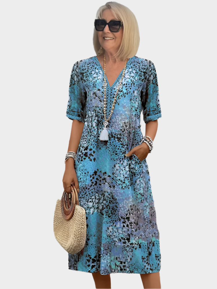 Airy Dress with Summer Print and V-Neck