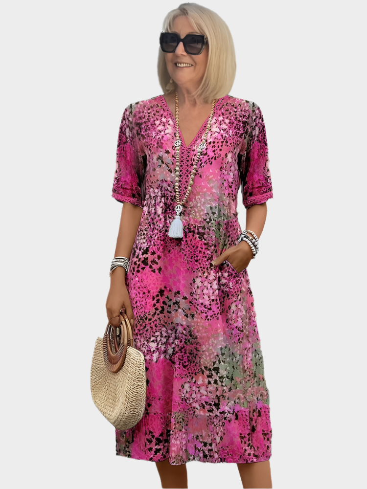 Airy Dress with Summer Print and V-Neck