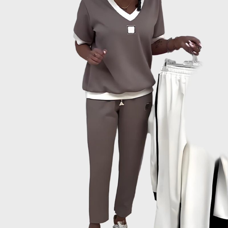 Casual Set with Top and Pants with V-Neck