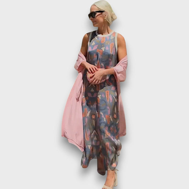 Long Dress with Floral Design & Light Jacket