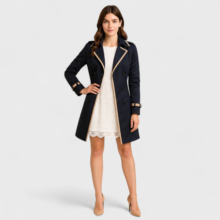 Maya - Double-breasted trench coat with contrasting finishes